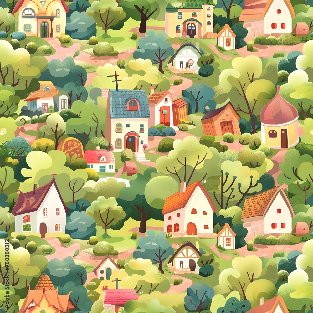 Houses on the hill in the cozy village with seamless pattern