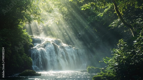 Sunlight filtering through dense foliage onto a tranquil waterfall, creating a mesmerizing play of light and shadow