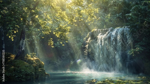 Sunlight filtering through dense foliage onto a tranquil waterfall, creating a mesmerizing play of light and shadow © chanidapa