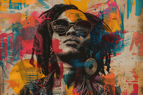 vibrant digital artwork features a portrait of a person in sunglasses overlaid with a colorful, abstract street art style.  photo