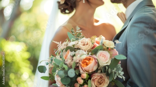Wedding Couple Embracing With Bouquet, Outdoor Ceremony