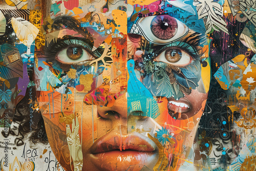 A digital artwork featuring a close-up of eyes amid a mosaic of colorful urban and fantasy-inspired elements