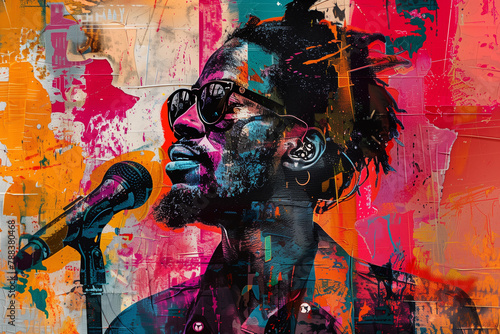A digital collage portrays a person with a microphone, set against a splashy, graffiti-inspired backdrop. The vibrant colors and urban aesthetic evoke a strong musical or performance theme