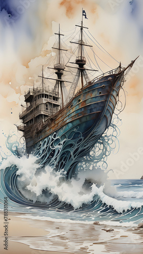 watercolor style pictures ship sailing