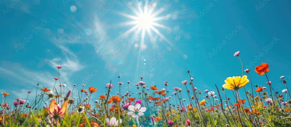 Field of flowers, clear blue sky, and shining sun.