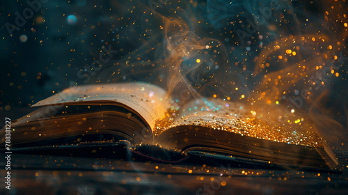 Magic, fantasy, and spiritual with book and light on the table for fairytale, imagination, and night.