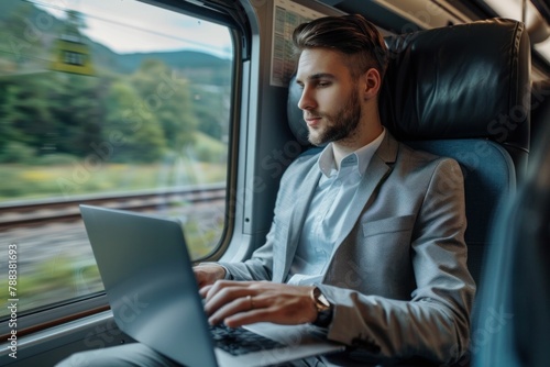 Businessman working on laptop while traveling by train, professional man in suit using technology on public transport