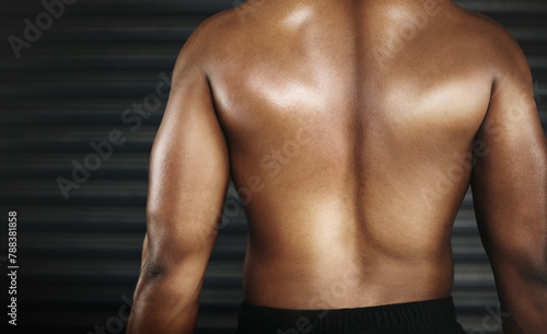 Rear view  person and back for muscular  fitness and physical strength for workout and bodybuilding. Body  exercise and skin for wellness or ripped for health  gym or active for closeup on mockup