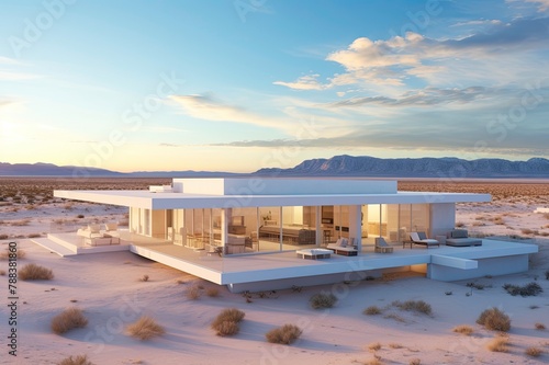 Desert White Home with Minimalist Design and Sunset