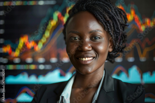 A happy businesswoman standing in front of an uptrend stock market chart