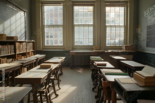 The image portrays a vintage classroom, complete with wooden desks, a chalkboard, and stacks of books. It radiates a nostalgic educational charm, reminiscent of early 20th-century schooling, and contr