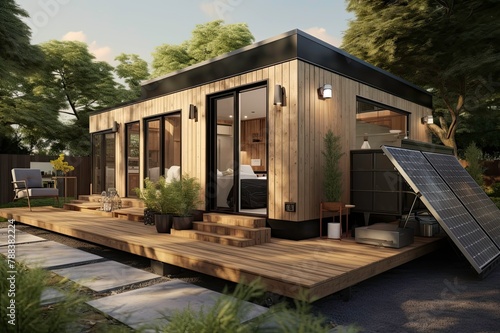 Modern Sustainable Tiny House with Solar Panels, Front Porch Deck with Tiled Walkway