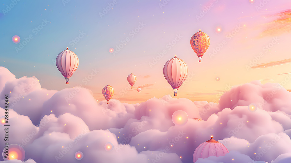 Obraz premium Sunset Soar Whimsical hot air balloons rise into a dreamy cotton-candy sky, hearts adrift on the gentle breath of evening.