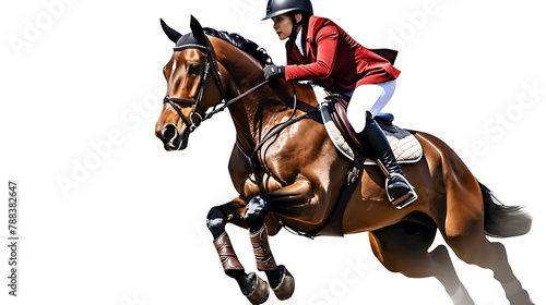  Beautiful brown horse jumping with rider in red riding on white background