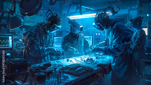 A team of doctors performing surgery in an operating room filled with advanced medical equipment and monitors. Intense, precise, and technology-driven healthcare scene photo