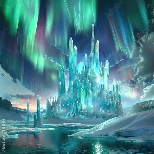 ice world with crystal palaces and auroral skies