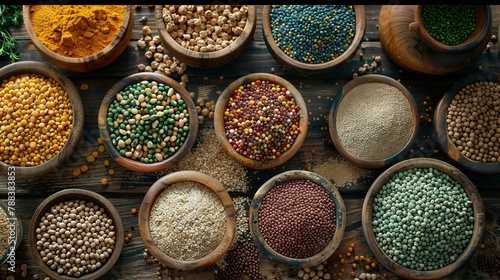 A stunning array of grains and legumes in wooden bowls on a dark, rustic background, perfect for health food stores, vegetarian recipe visuals, or ingredient-focused content