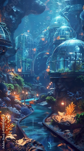 underwater cityscape with glass domes and glowing coral photo