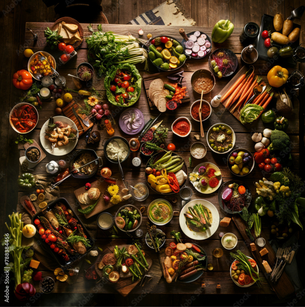  Food photography, Overhead view of a wooden table one fifths filled with an array of fresh vegetables, bread and simple dishes, no people, the richness of colors and organic 