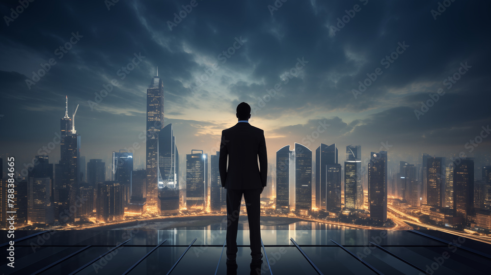A silhouette of a visionary leader stands before the sprawling city skyline at dusk, contemplating the future and the bustling urban life below.