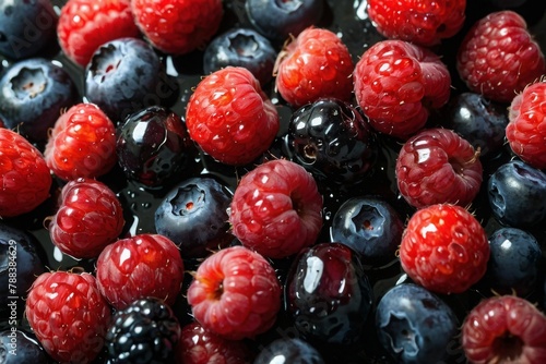 Overhead shot of berries with visible water drops  close up  background