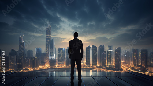 A silhouette of a visionary leader stands before the sprawling city skyline at dusk, contemplating the future and the bustling urban life below.