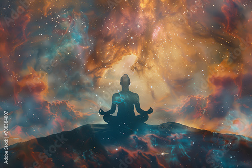 mesmerizing double exposure of the tranquil lotus pose meditation superimposed with the ethereal beauty of a nebula galaxy backdrop, creating a visually stunning and spiritually up photo