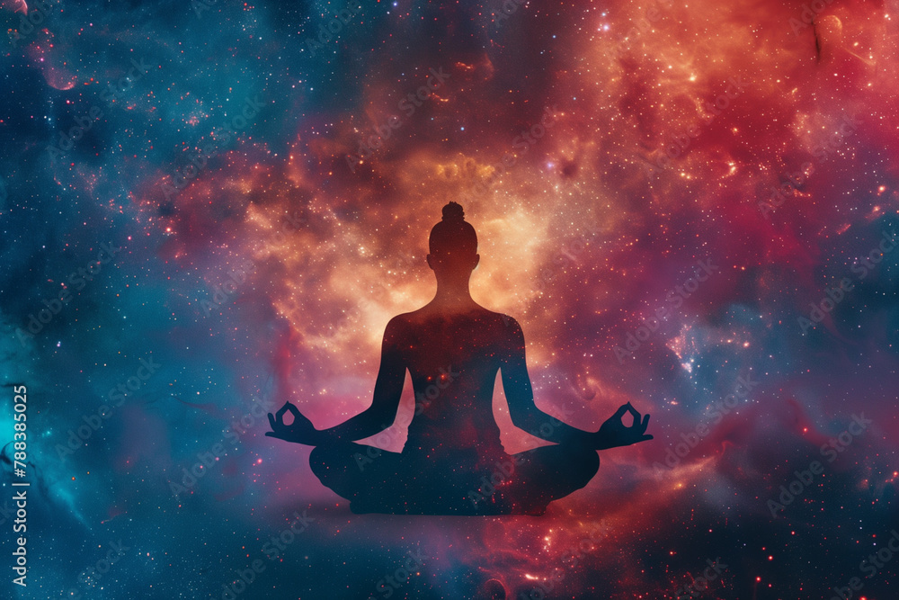 double exposure photograph showcasing the delicate intricacies of a yoga lotus pose meditation seamlessly intertwined with the vibrant colors of a nebula galaxy background, evoking double exposure photograph showcasing the delicate intricacies of a yoga lotus pose meditation seamlessly intertwined with the vibrant colors of a nebula galaxy background, evoking