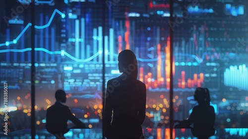 A woman is looking at a computer screen with a lot of numbers and graphs. She is wearing a suit and she is focused on the data. Concept of professionalism and concentration © Rattanathip
