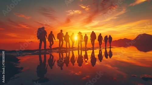 A group of people are standing on a beach at sunset. The sun is setting and the sky is orange. The group is wearing backpacks and hiking gear photo