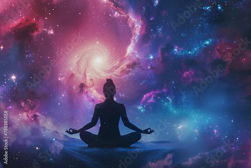 double exposure of the serene lotus pose meditation juxtaposed against the cosmic beauty of a nebula galaxy background, merging earthly tranquility with celestial grandeur in a vis