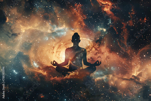 double exposure photograph capturing the fusion of human and cosmic energies as the lotus pose meditation intertwines with the nebula galaxy background, creating a visually captiva