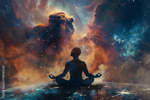 double exposure of human and cosmic elements as the lotus pose meditation merges with the ethereal backdrop of a nebula galaxy, inviting viewers to embark on a journey of inner exp