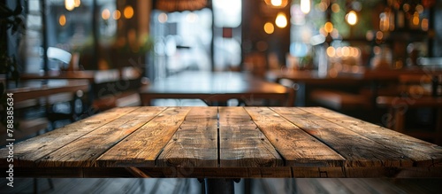 Choose an unoccupied brown wooden table as the primary subject with the background blurred to feature a coffee shop or restaurant setting for your photo composition or product showcase.