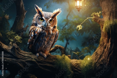 Majestic Owl forest bird. Hunter predator. Generate Ai photo