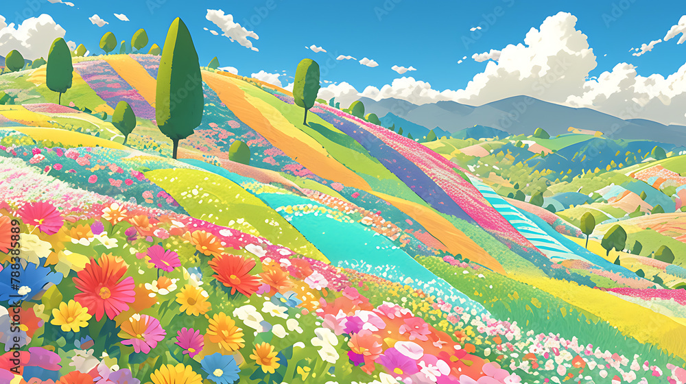 Fototapeta premium Kaleidoscopic Hills An otherworldly landscape of vibrant, textured hills, where nature’s palette unfolds in an endless mosaic of color and form.