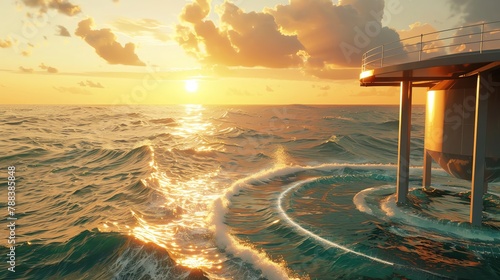 Renewable energy converter at sea, tight shot, swirling water, sunset, highenergy, dramatic effect photo