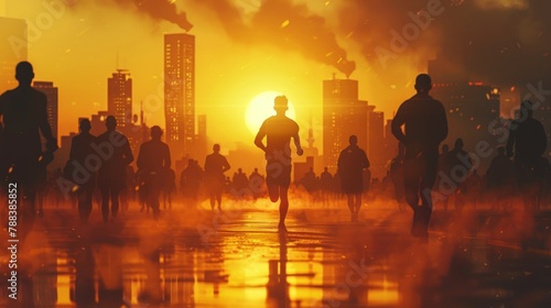 A man runs through a city with a group of people behind him. The sky is orange and the city is covered in smoke