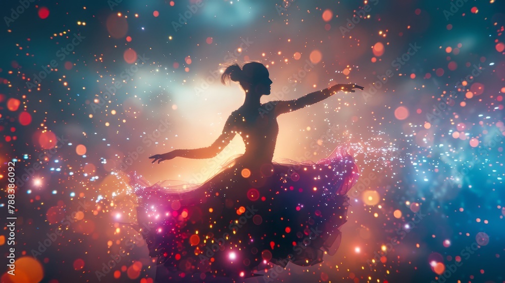 A woman is dancing in a colorful, swirling galaxy. The image is a beautiful, dreamy representation of a dancer's graceful movements
