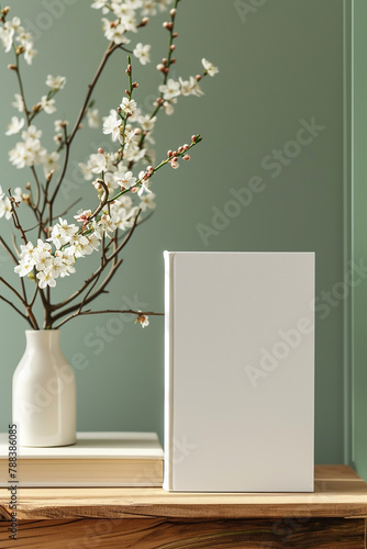 mockup, wood desk, blank book cover, and book cover next to or in front of the spring flower.