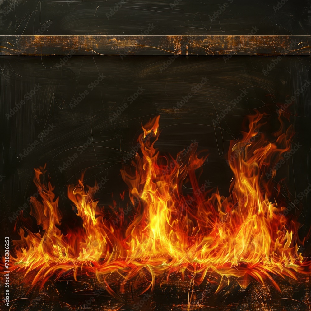 Fototapeta premium Burning Frame Engulfed in Flames. a black board background, free space for text.