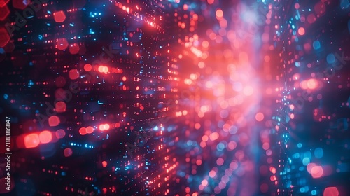 Abstract background of glowing blue and red particle waves simulating data flow.