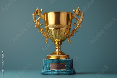 Shiny gold trophy vibrant blue velvet clear focus minimal design frontal shot