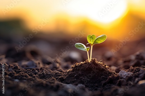 Young Seedlings Sprouting in Soil, Growth in Nature's Embrace, Bathed in Morning Sunlight Against a Bokeh Background