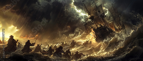 A dramatic scene of a pirate captain rallying their crew on a storm-tossed beach