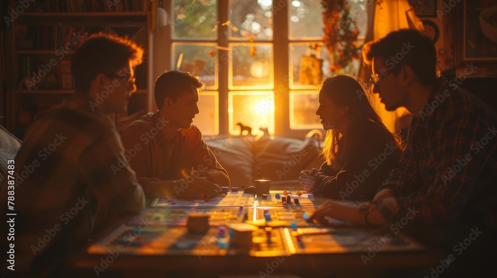 Four people are sitting around a table playing a board game. The room is dimly lit, creating a cozy atmosphere