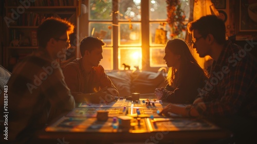 Four people are sitting around a table playing a board game. The room is dimly lit  creating a cozy atmosphere