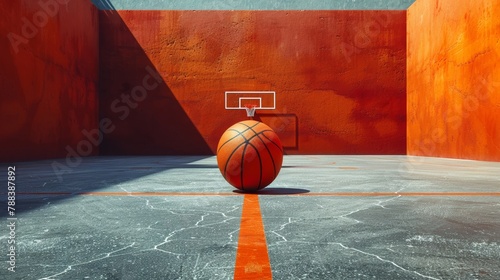 Orange basketball clear concrete floor vibrant color pop side light minimalistic approach