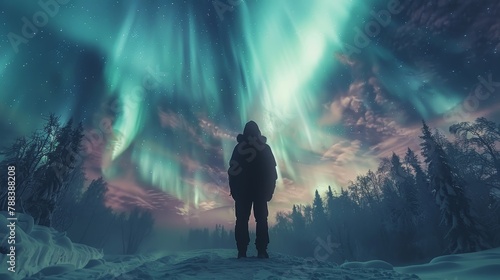 A person stands in the snow, looking up at the sky. The sky is filled with auroras, creating a beautiful and serene atmosphere