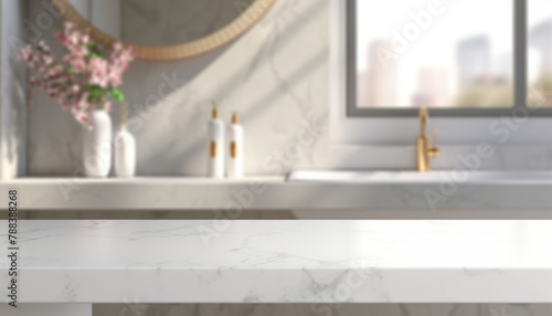 Empty marble top table with blurred bathroom interior Background. for product display.